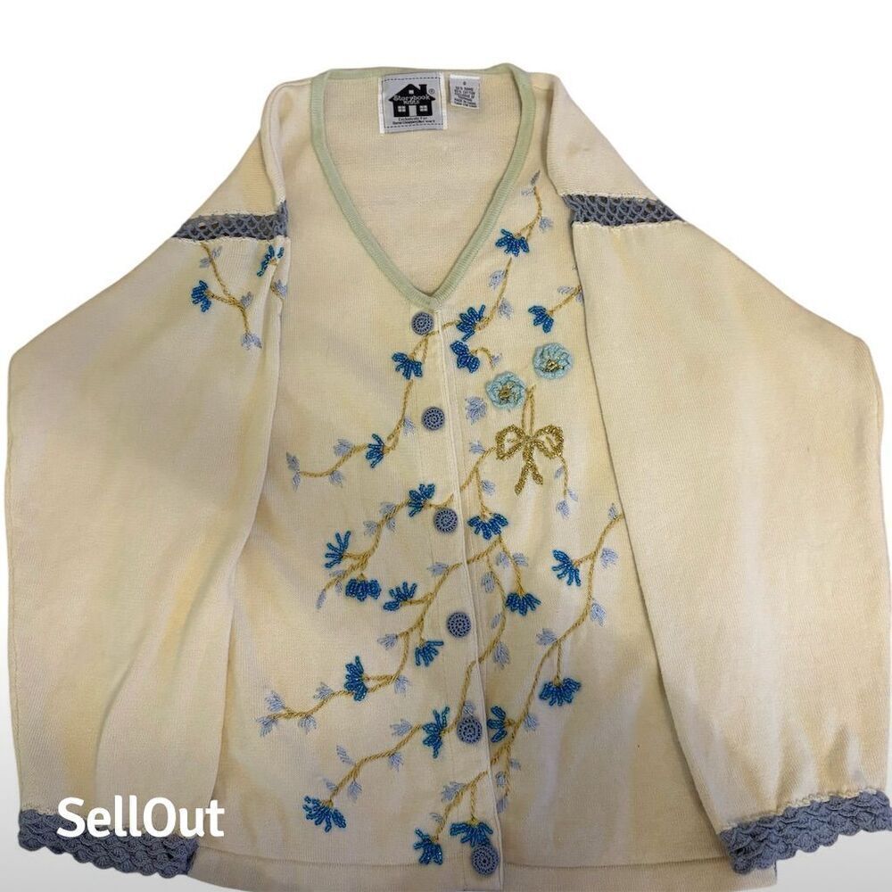 Storybook Knits Women's S Ivory Embroidered Cardigan Sweater Vintage